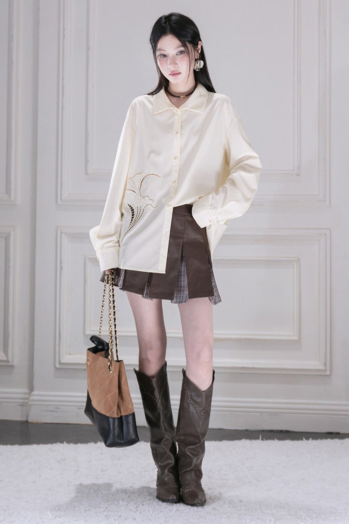 Hollow Out Floral Embroidered Modal Shirt