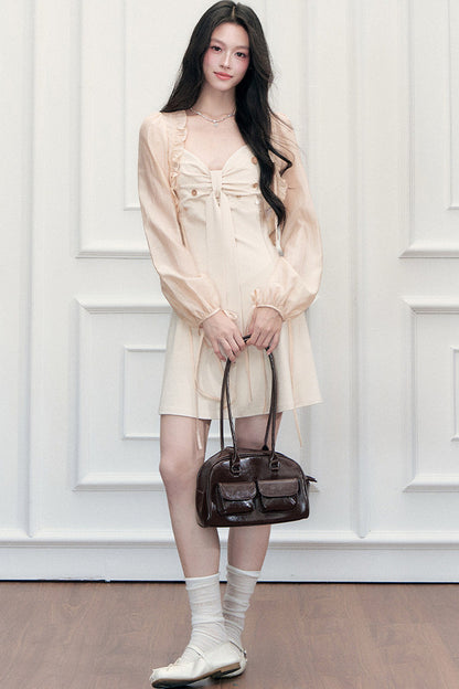 V-Neck Dress Ruffled Cardigan Set-Up