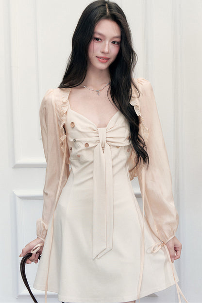 V-Neck Dress Ruffled Cardigan Set-Up