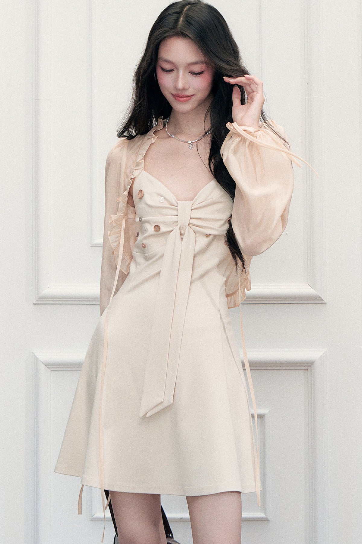 V-Neck Dress Ruffled Cardigan Set-Up