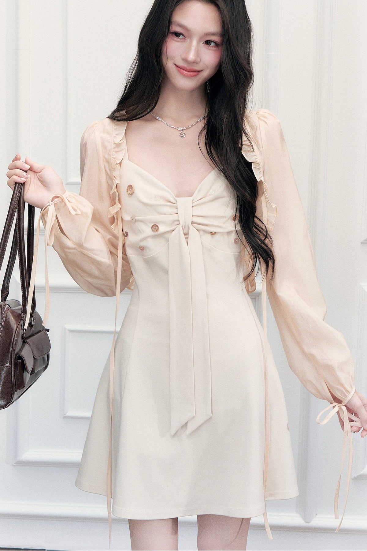 V-Neck Dress Ruffled Cardigan Set-Up