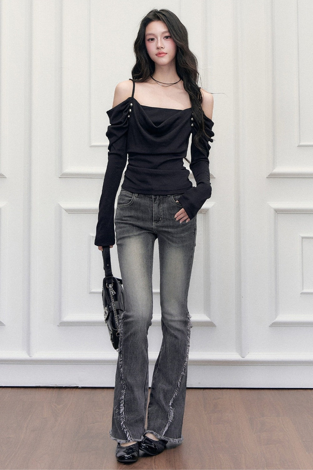 High-Waist-Jeans im Used-Look mit Schlag