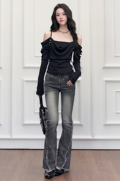 High-Waist-Jeans im Used-Look mit Schlag