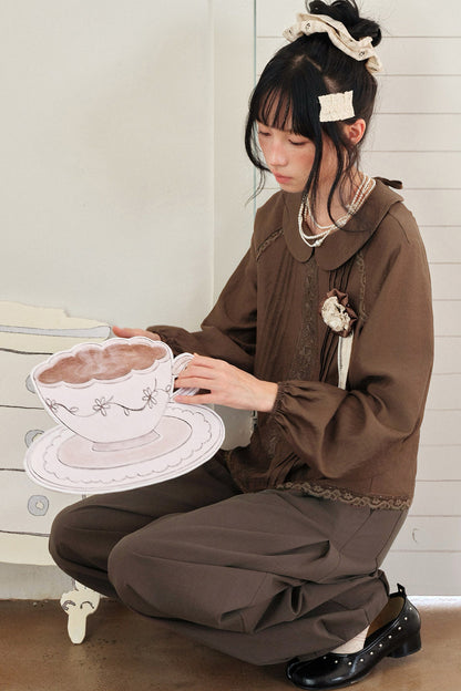 Brown Three-Dimensional Pleated Loose Lantern Pants
