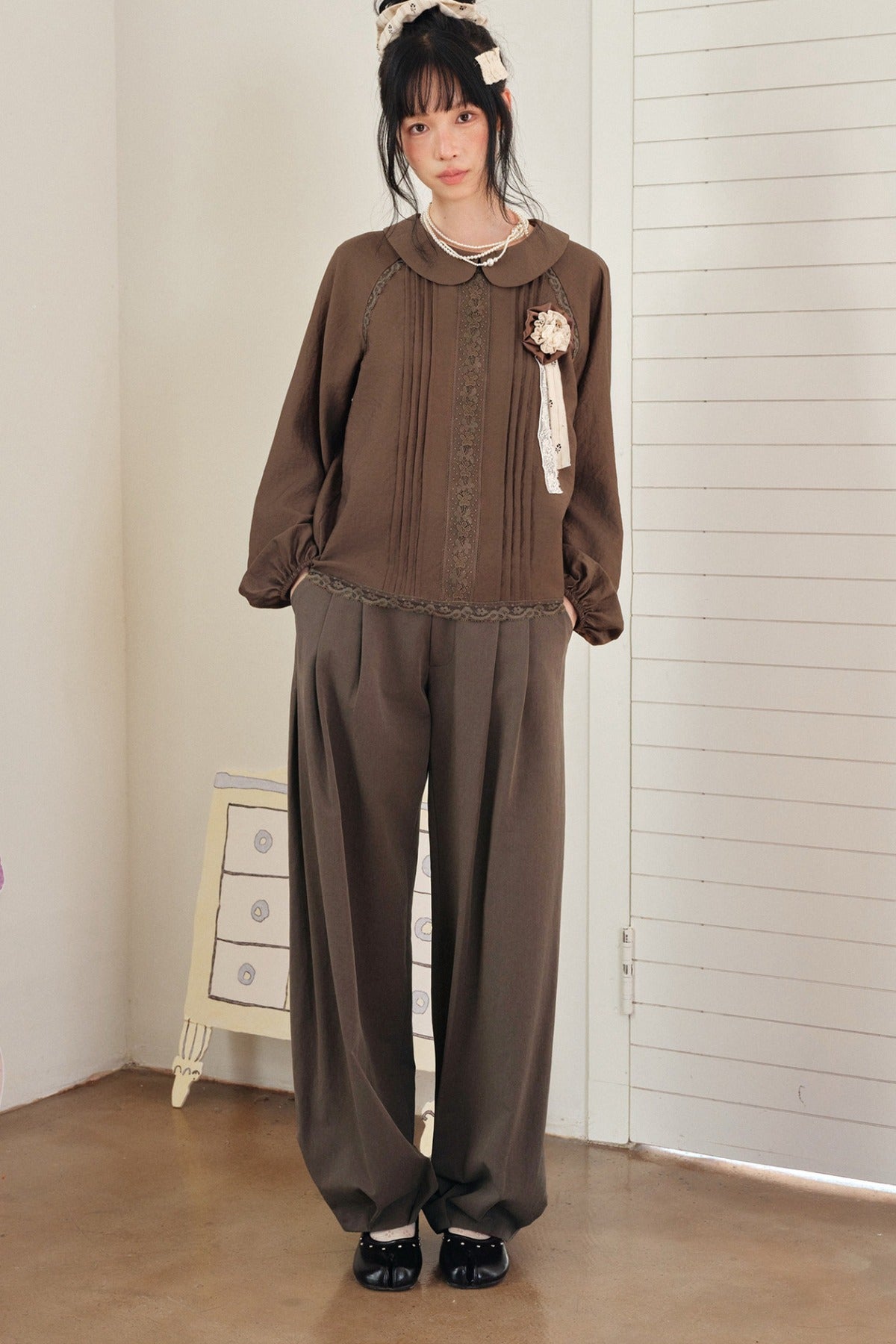 Brown Three-Dimensional Pleated Loose Lantern Pants