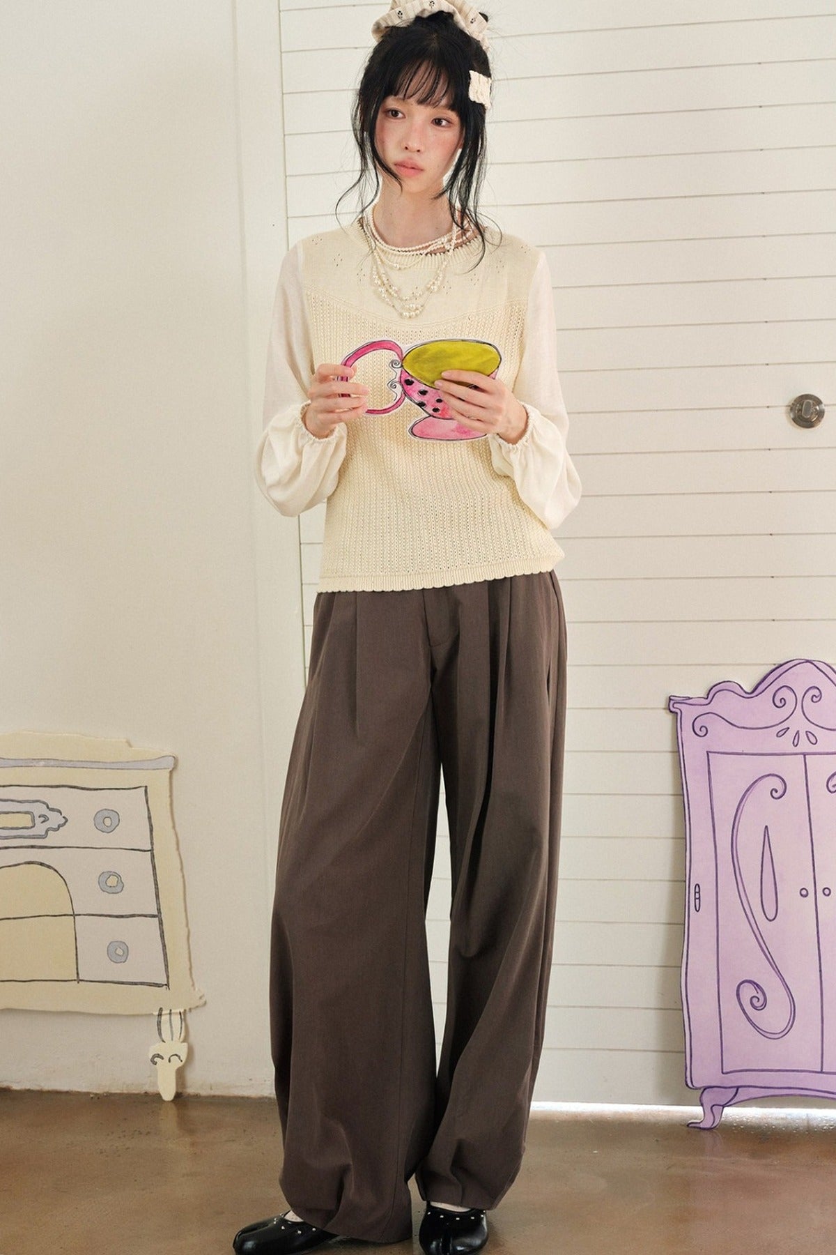 Brown Three-Dimensional Pleated Loose Lantern Pants