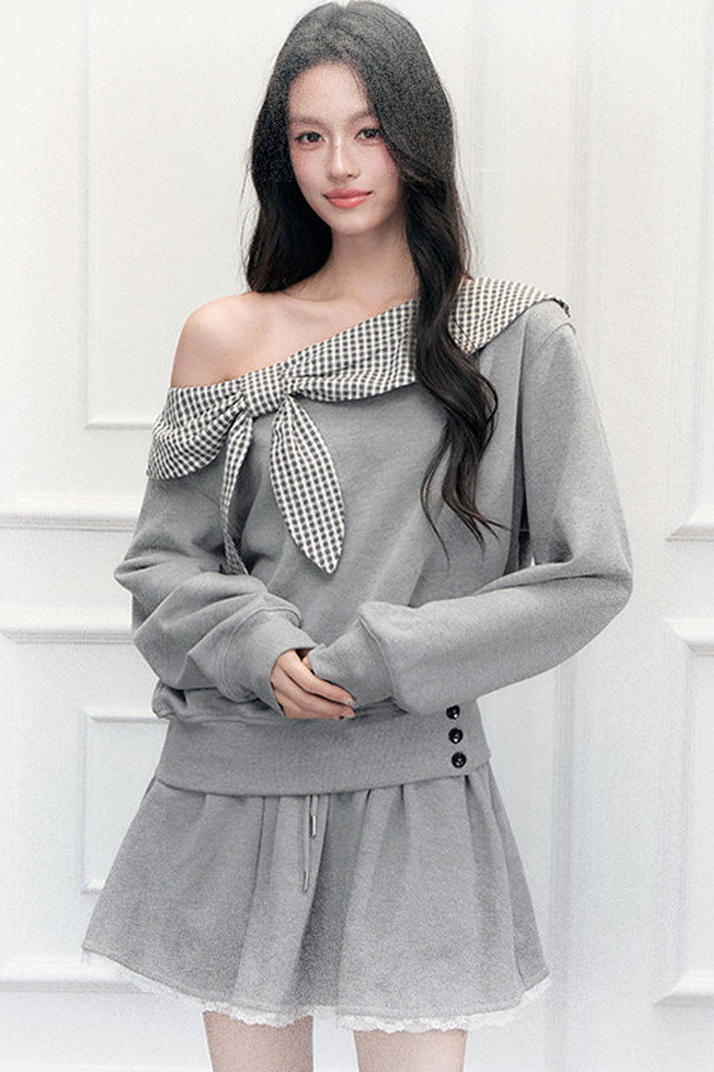 Off-Shoulder Plaid Patchwork Sweatshirt Skirt Set-Up