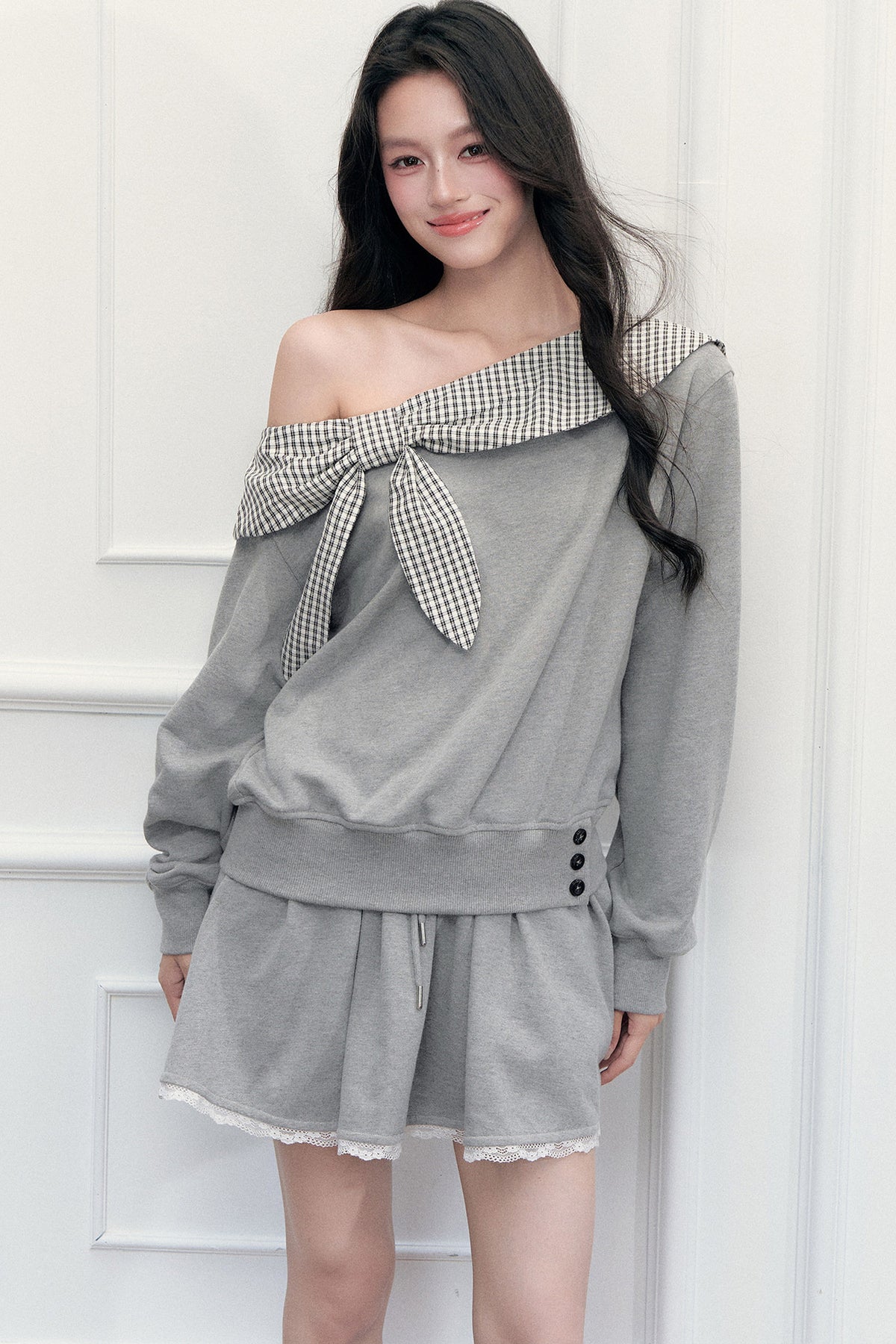 Off-Shoulder Plaid Patchwork Sweatshirt Skirt Set-Up