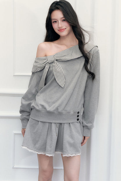 Off-Shoulder Plaid Patchwork Sweatshirt Skirt Set-Up