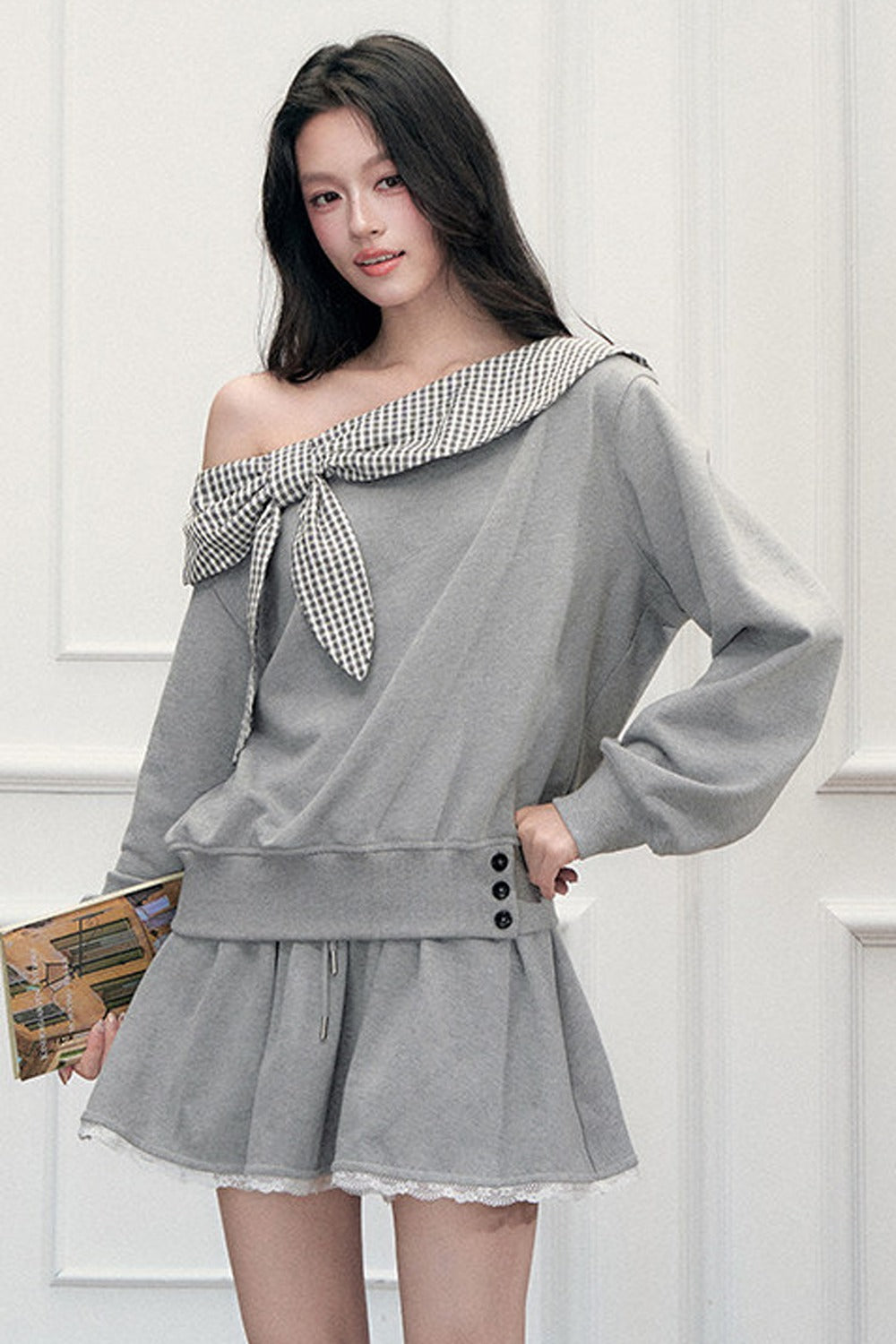 Off-Shoulder Plaid Patchwork Sweatshirt Skirt Set-Up