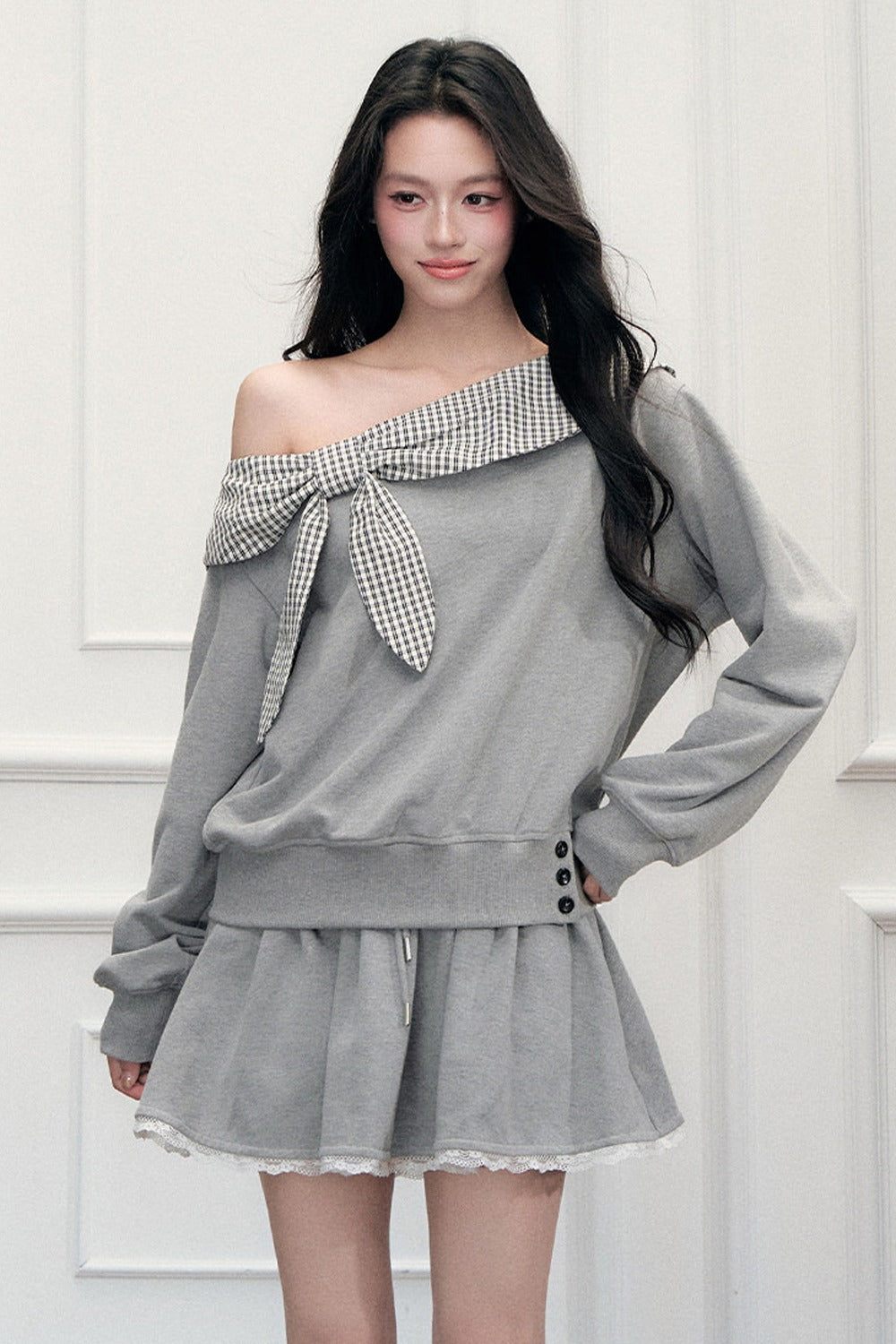 Off-Shoulder Plaid Patchwork Sweatshirt Skirt Set-Up