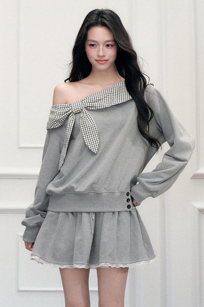 Off-Shoulder Plaid Patchwork Sweatshirt Skirt Set-Up