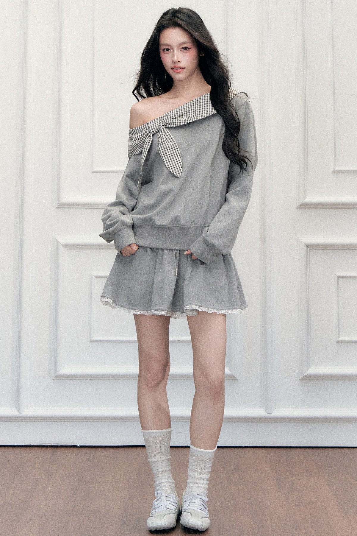 Off-Shoulder Plaid Patchwork Sweatshirt Skirt Set-Up