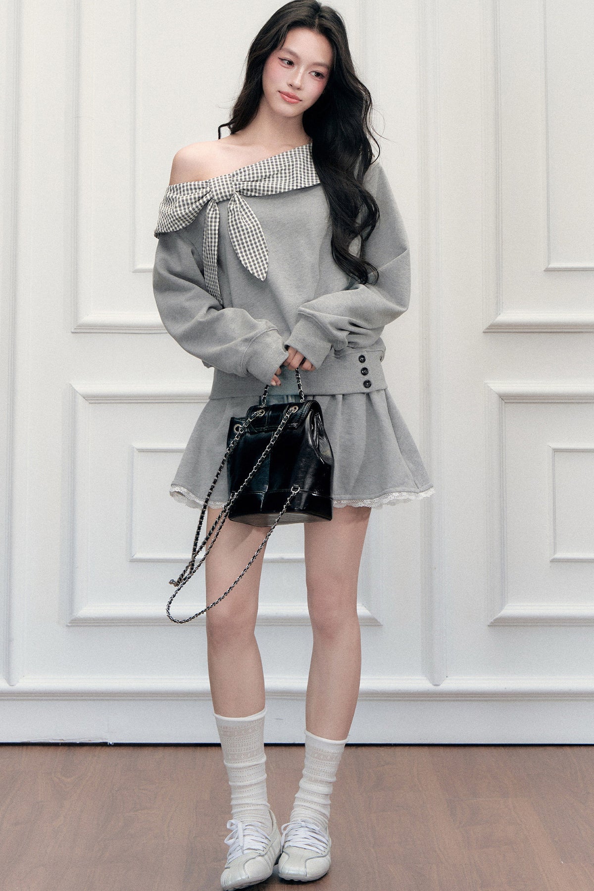 Off-Shoulder Plaid Patchwork Sweatshirt Skirt Set-Up