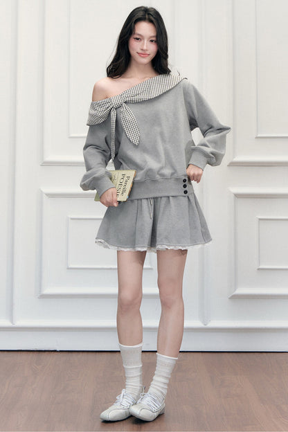 Off-Shoulder Plaid Patchwork Sweatshirt Skirt Set-Up