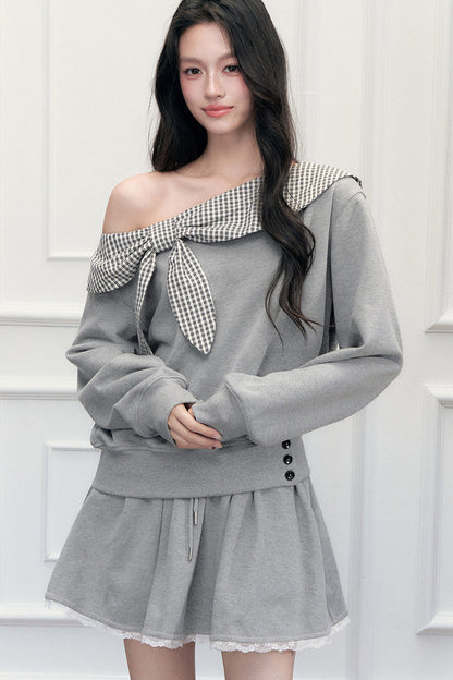 Off-Shoulder Plaid Patchwork Sweatshirt Skirt Set-Up