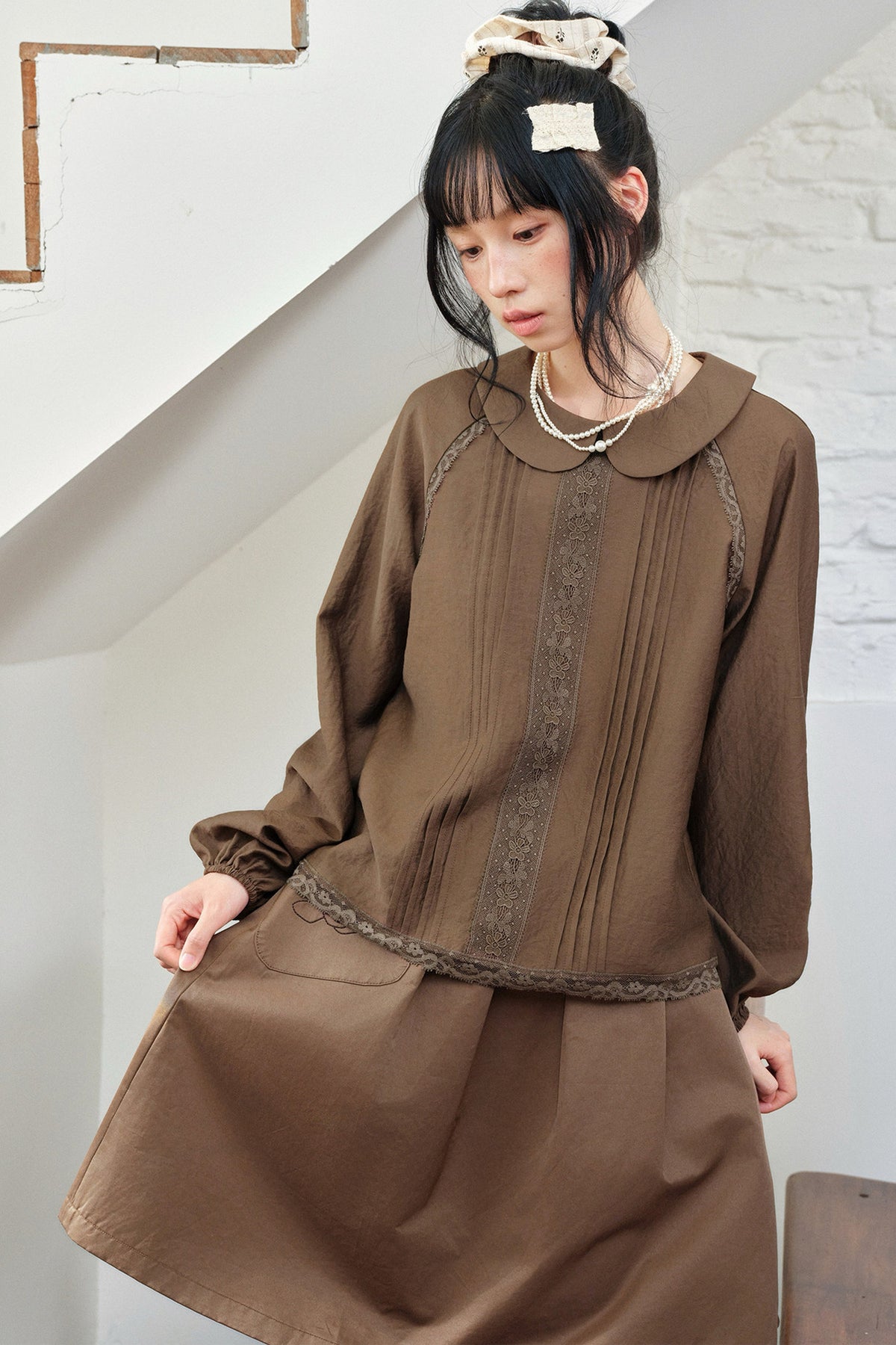Floral Lace Patchwork Doll Collar Shirt