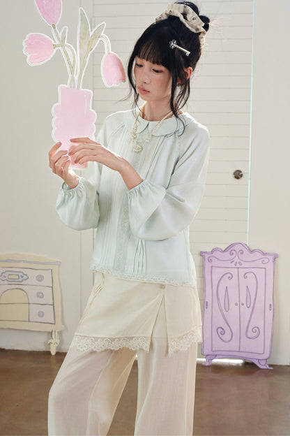 Floral Lace Patchwork Doll Collar Shirt
