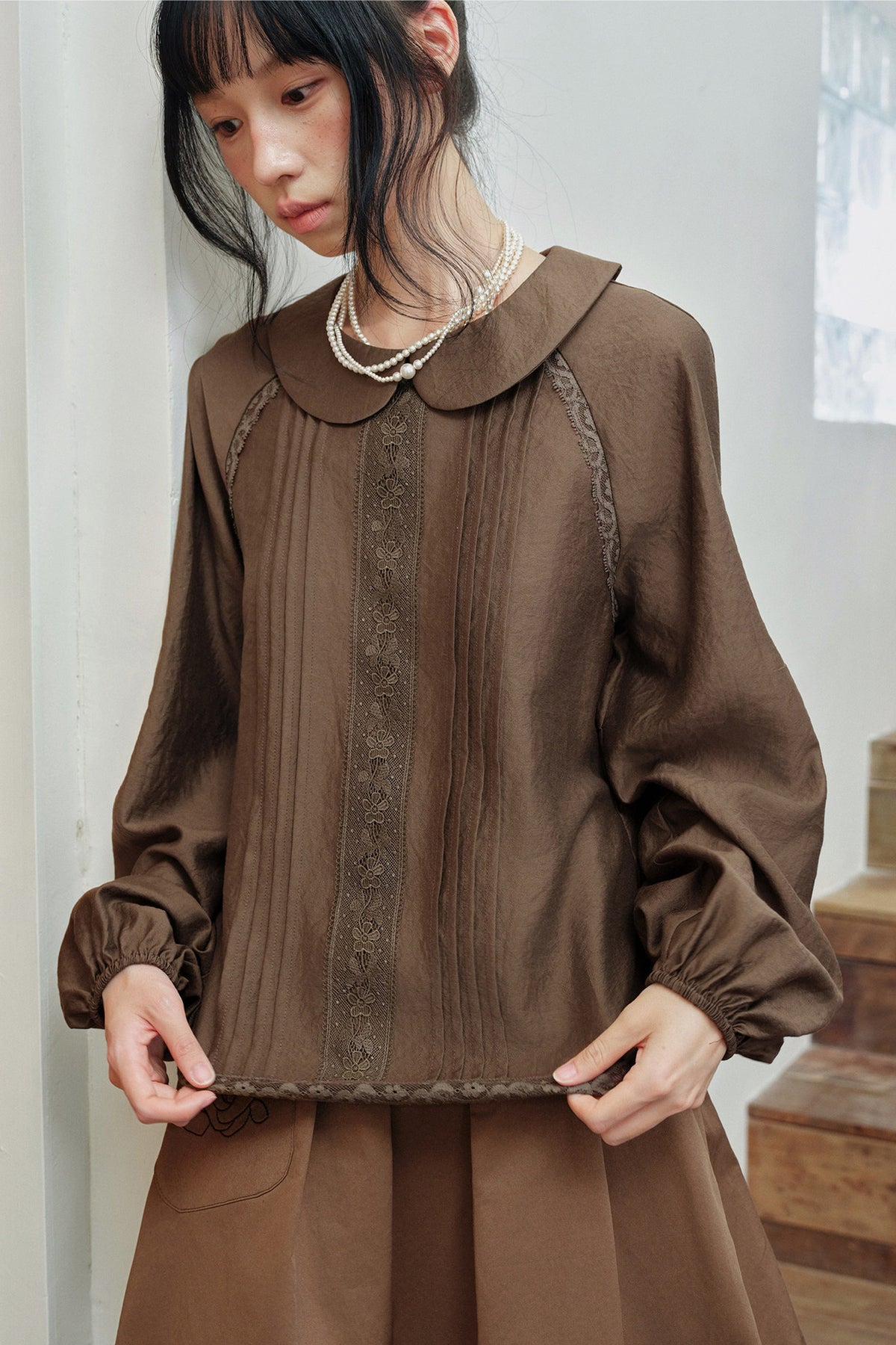 Floral Lace Patchwork Doll Collar Shirt