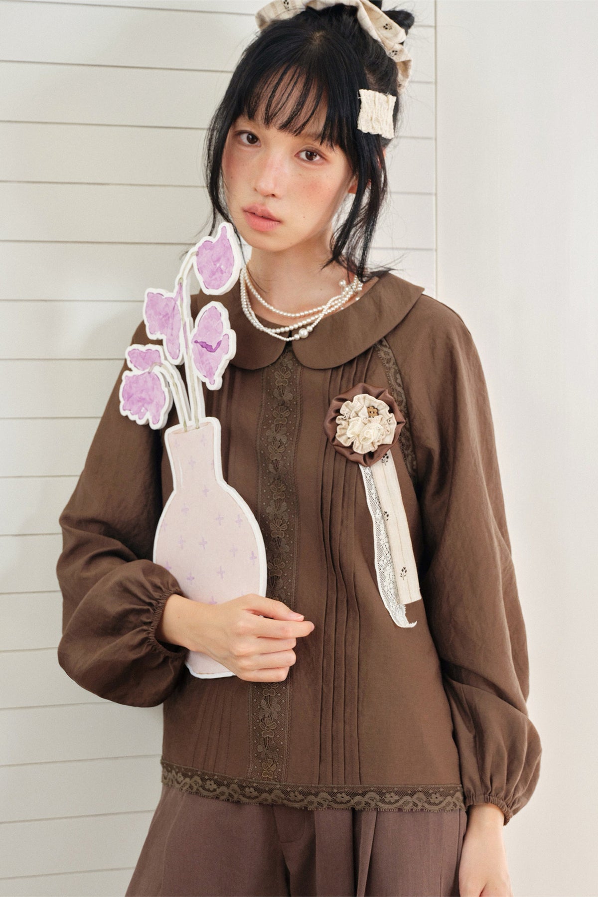 Floral Lace Patchwork Doll Collar Shirt