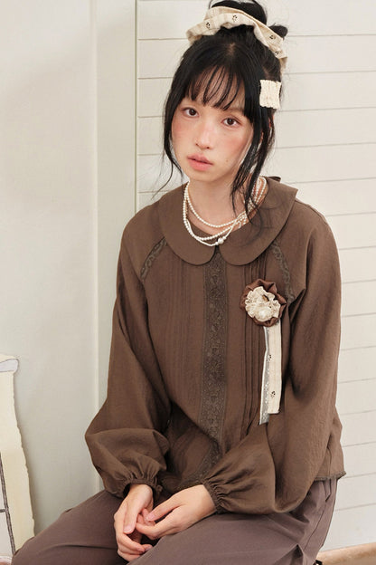 Floral Lace Patchwork Doll Collar Shirt