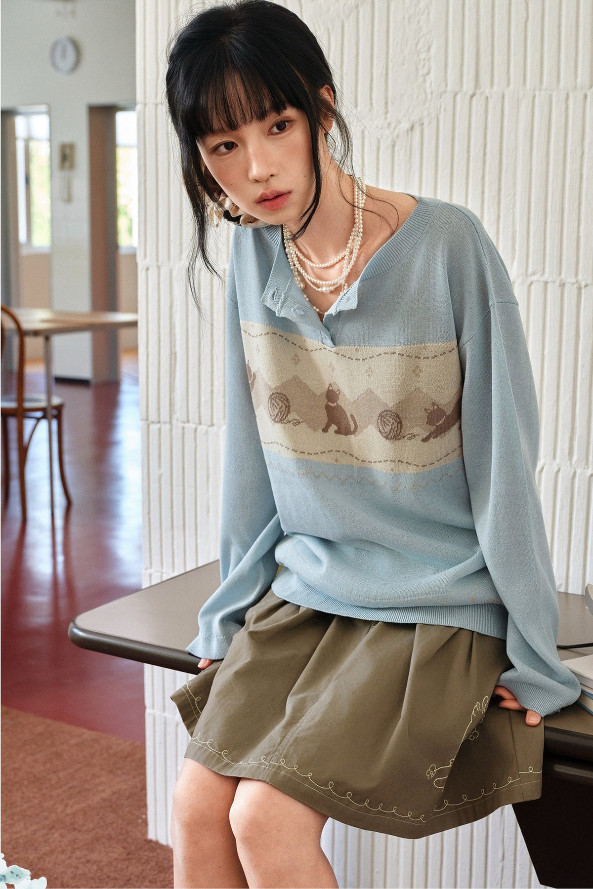 Korean Style Cat Pom-Pom Cover-Up Set-Up