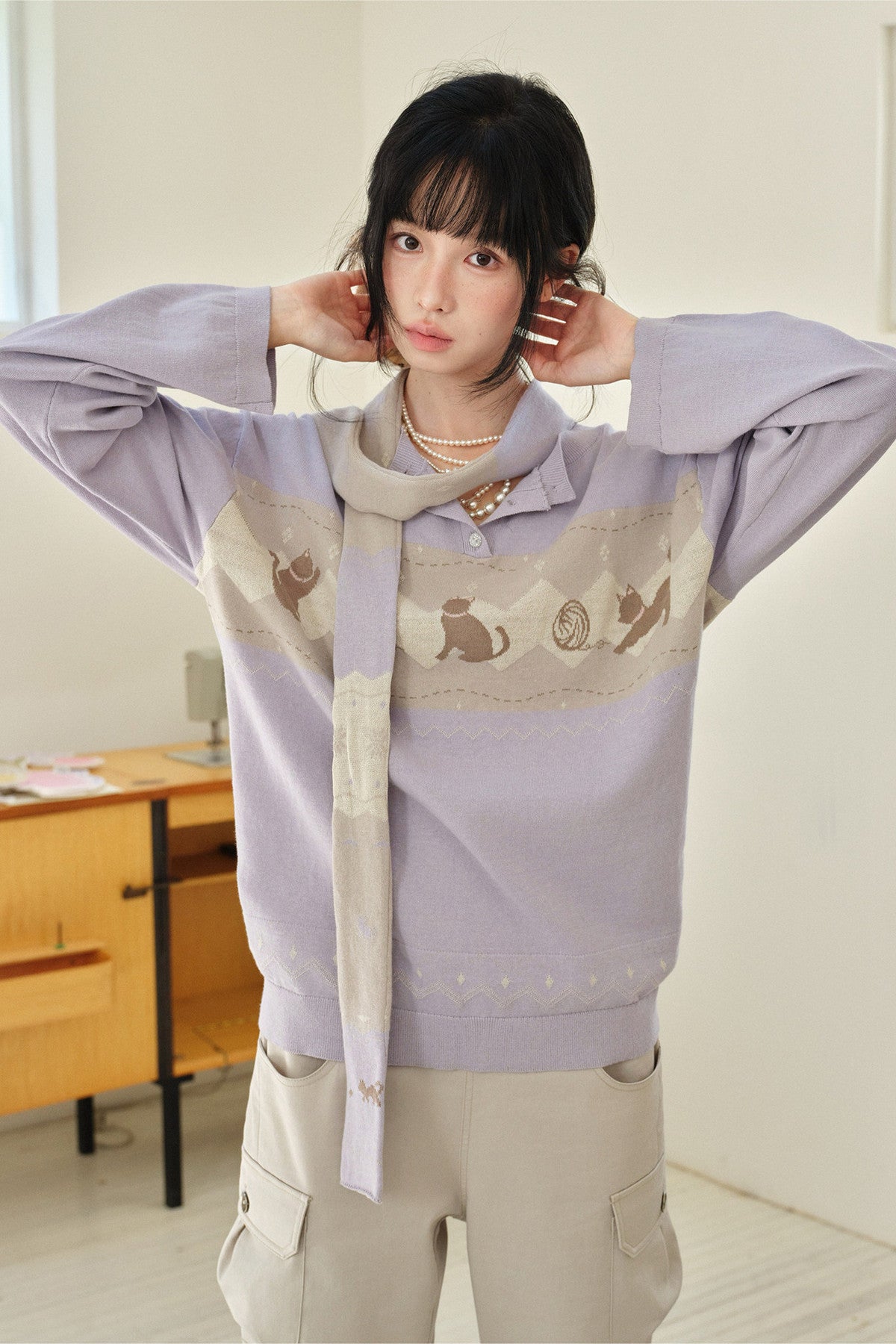 Korean Style Cat Pom-Pom Cover-Up Set-Up