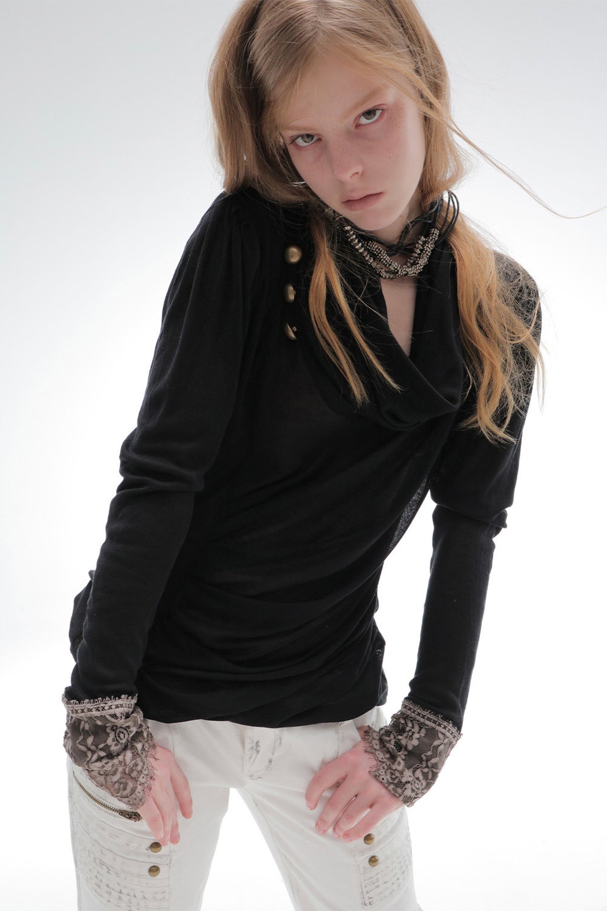 Pleated Cowl Neck Lace Trim Top