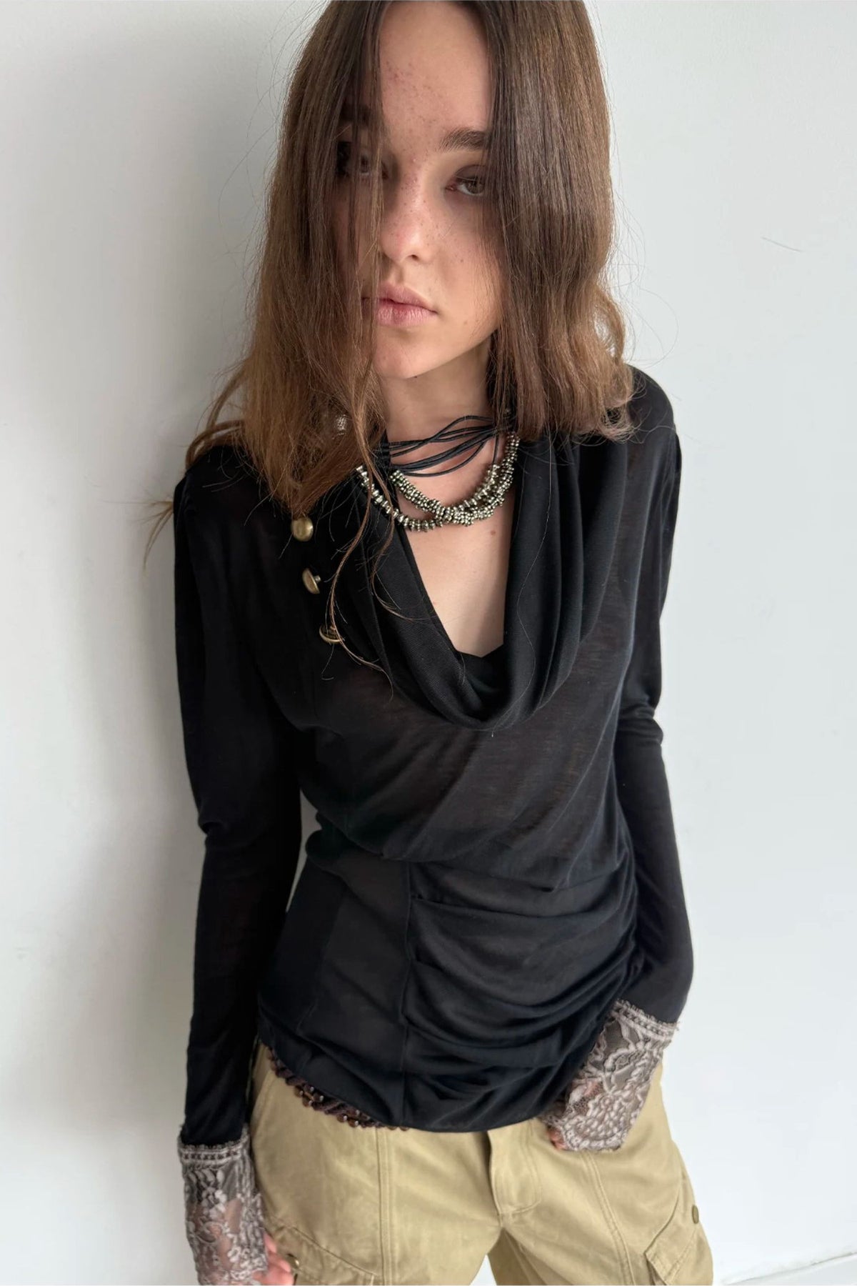 Pleated Cowl Neck Lace Trim Top