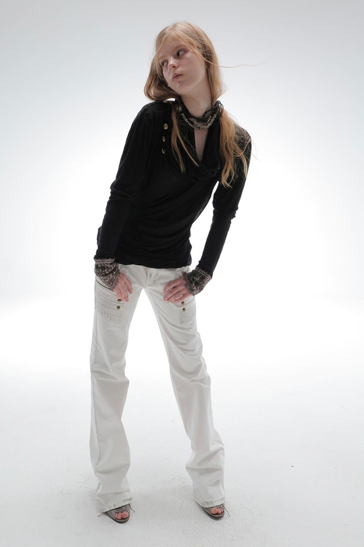 Pleated Cowl Neck Lace Trim Top