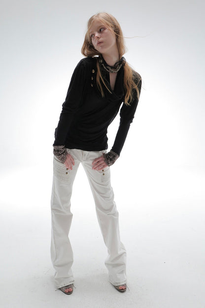 Pleated Cowl Neck Lace Trim Top