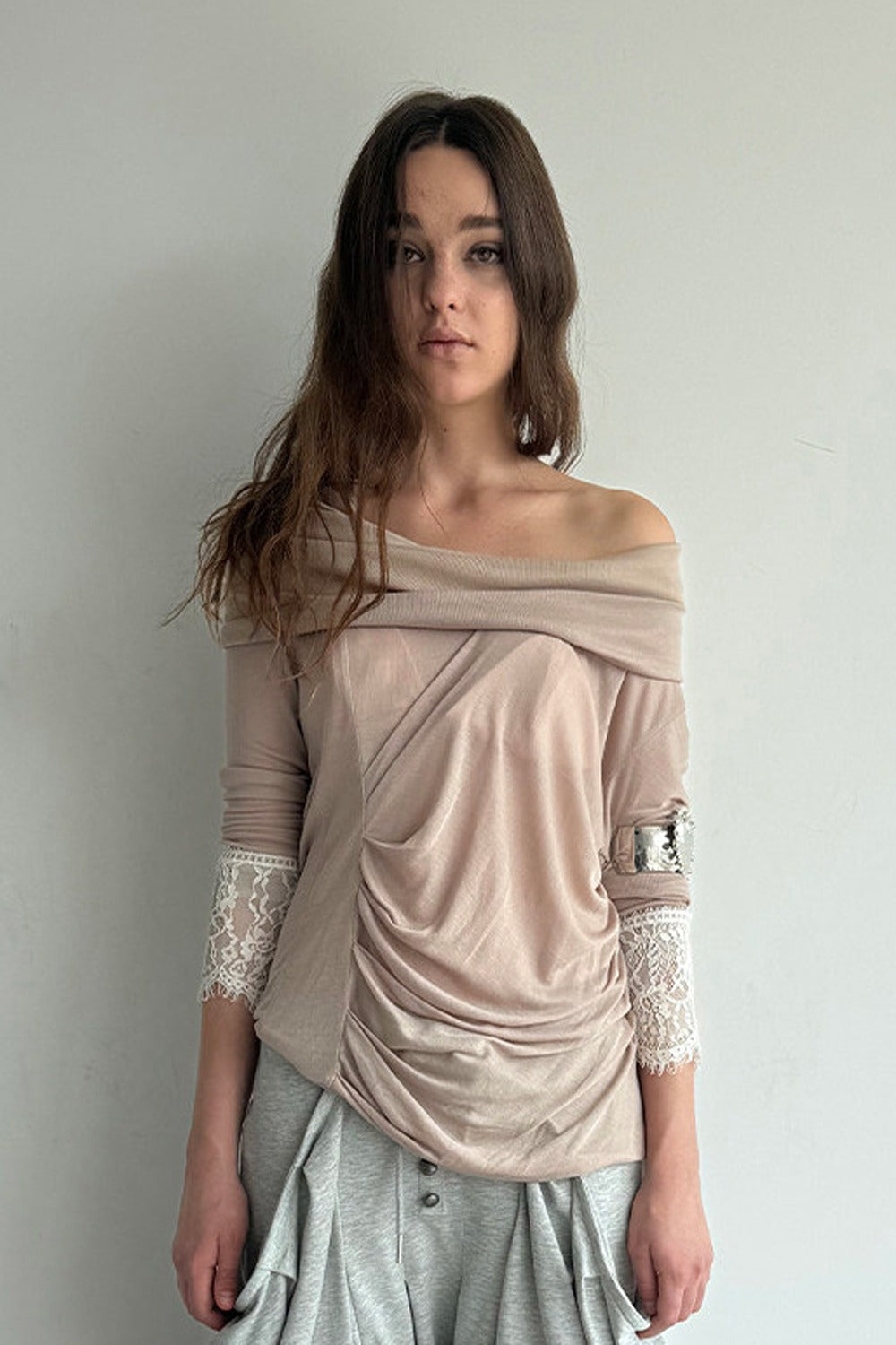 Pleated Cowl Neck Lace Trim Top