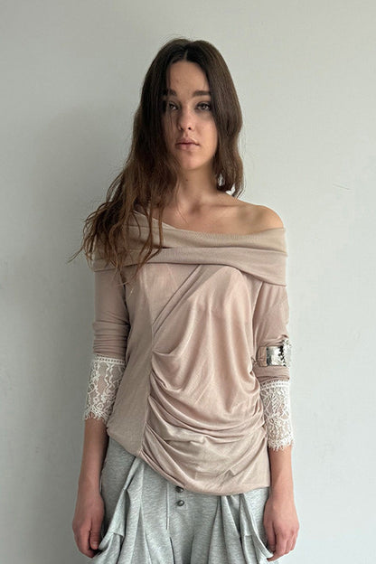 Pleated Cowl Neck Lace Trim Top