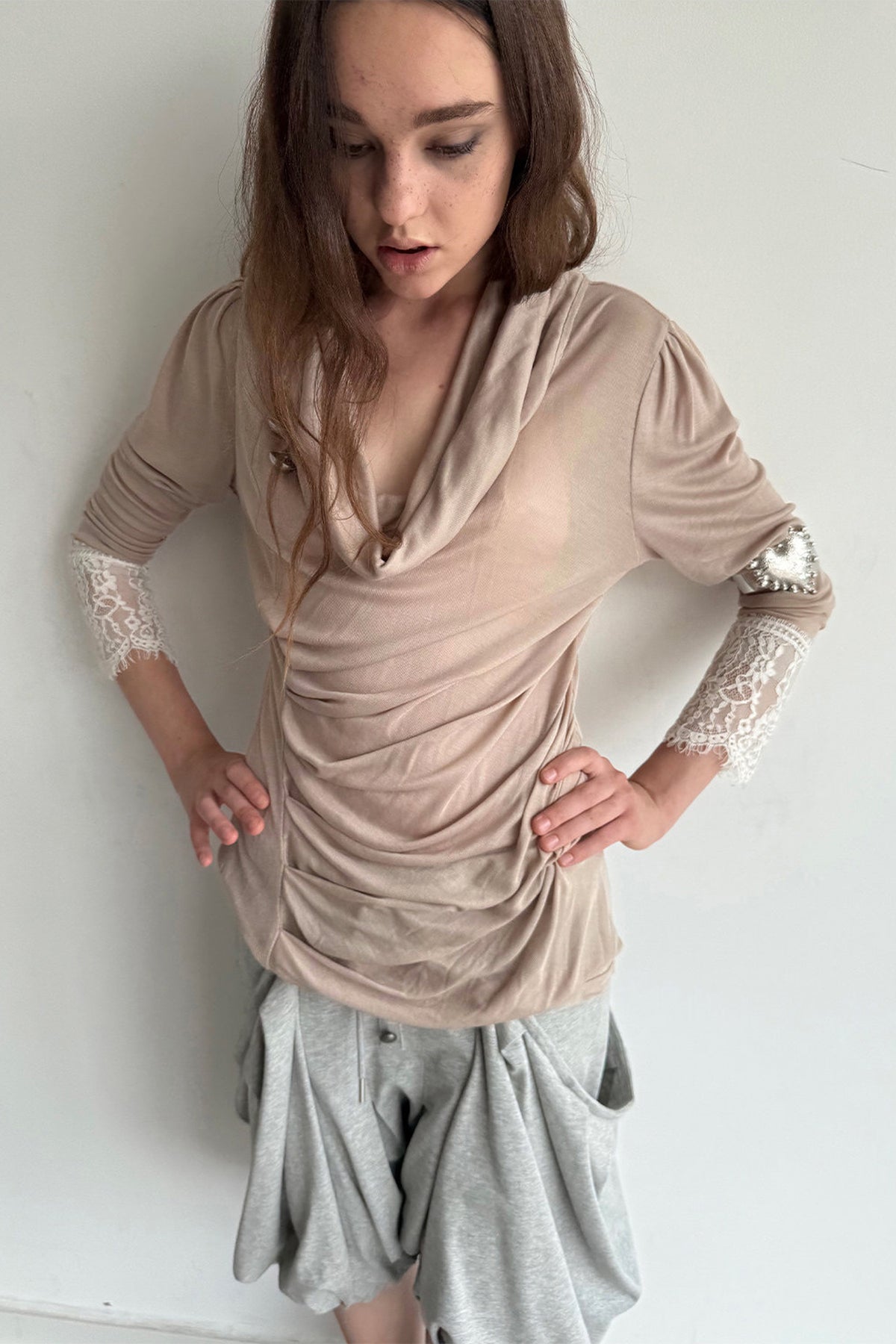 Pleated Cowl Neck Lace Trim Top
