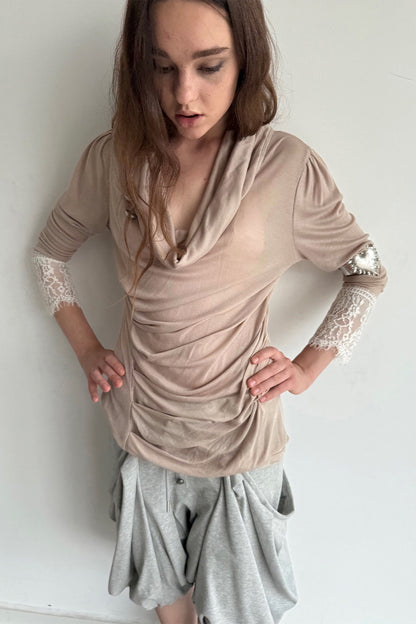 Pleated Cowl Neck Lace Trim Top