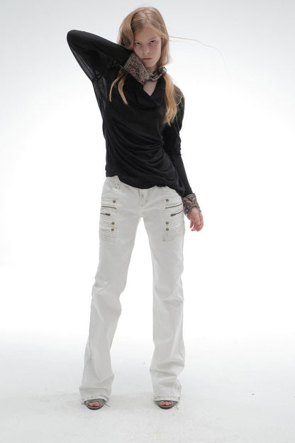 Pleated Cowl Neck Lace Trim Top