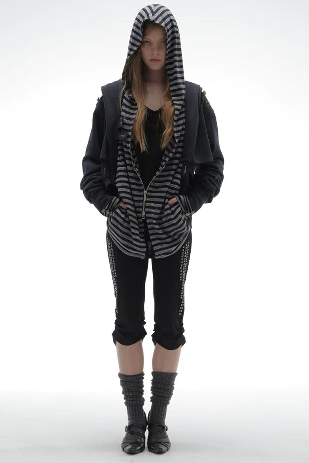 Zipper Long-Sleeved Striped Hoodie