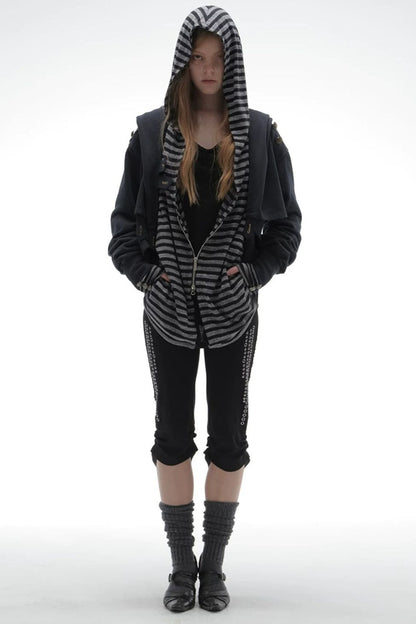 Zipper Long-Sleeved Striped Hoodie