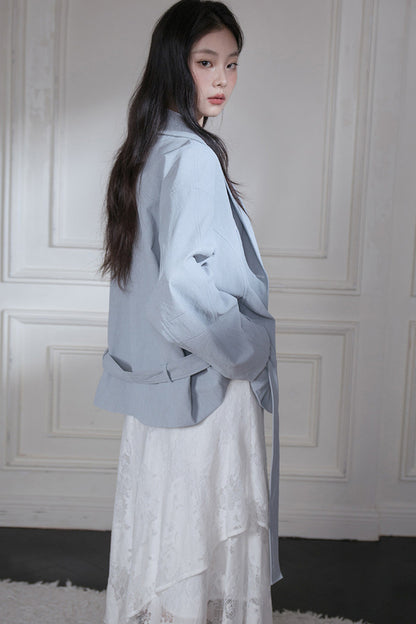 Cuban Gray-Blue Shawl Collar Belted Blazer