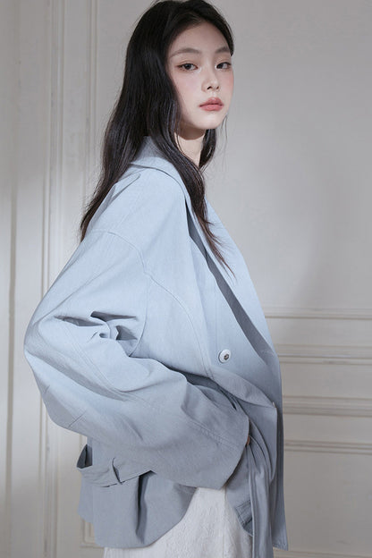 Cuban Gray-Blue Shawl Collar Belted Blazer
