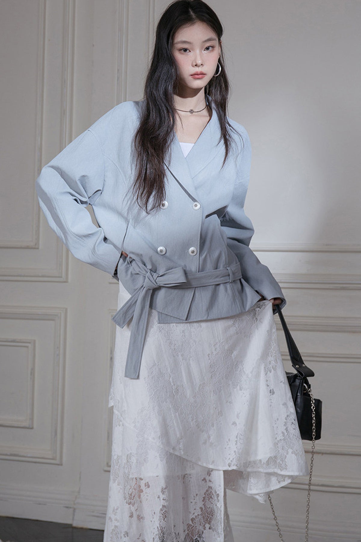 Cuban Gray-Blue Shawl Collar Belted Blazer