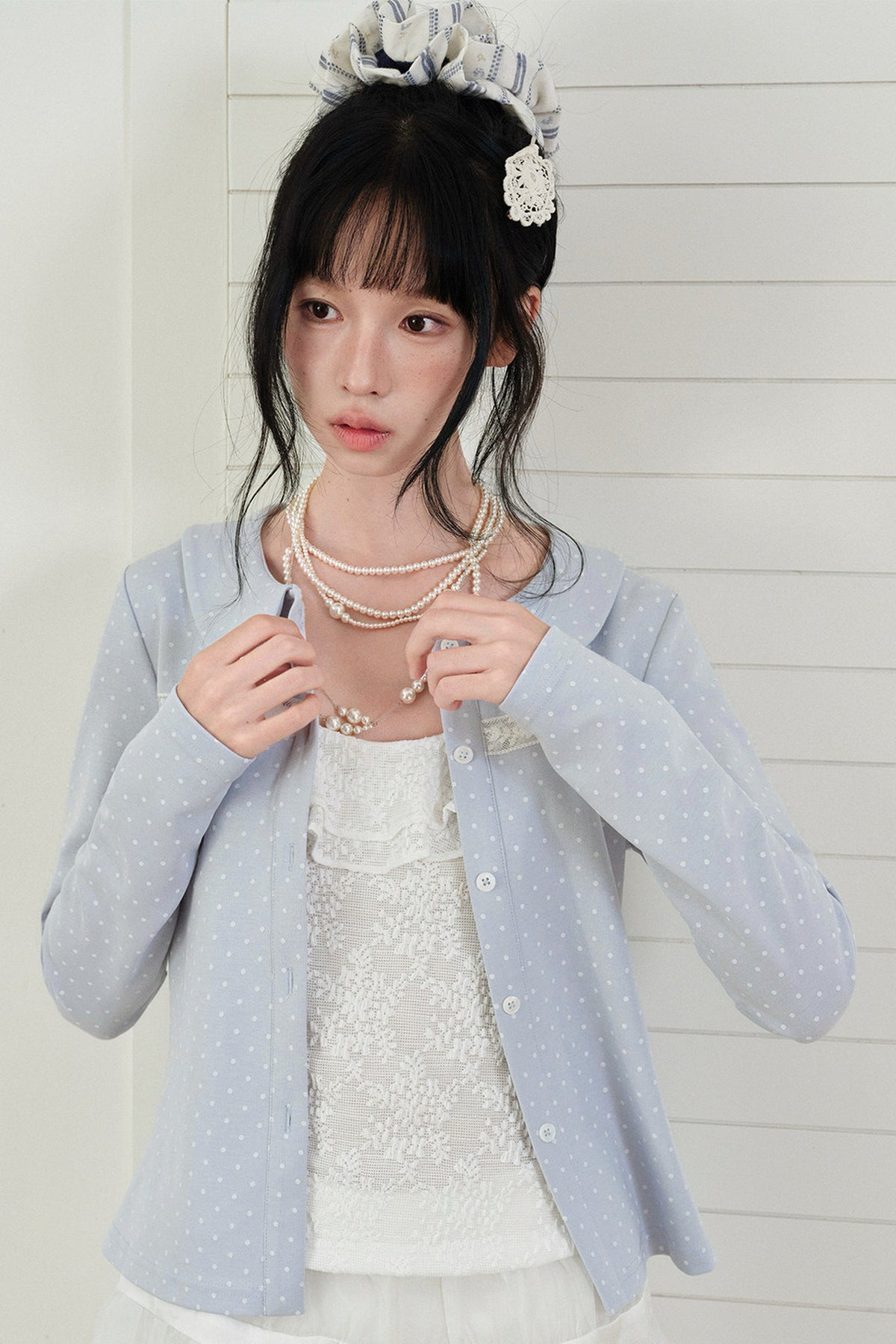 Blue Polka Dot Lace Trim Cardigan Set-Up