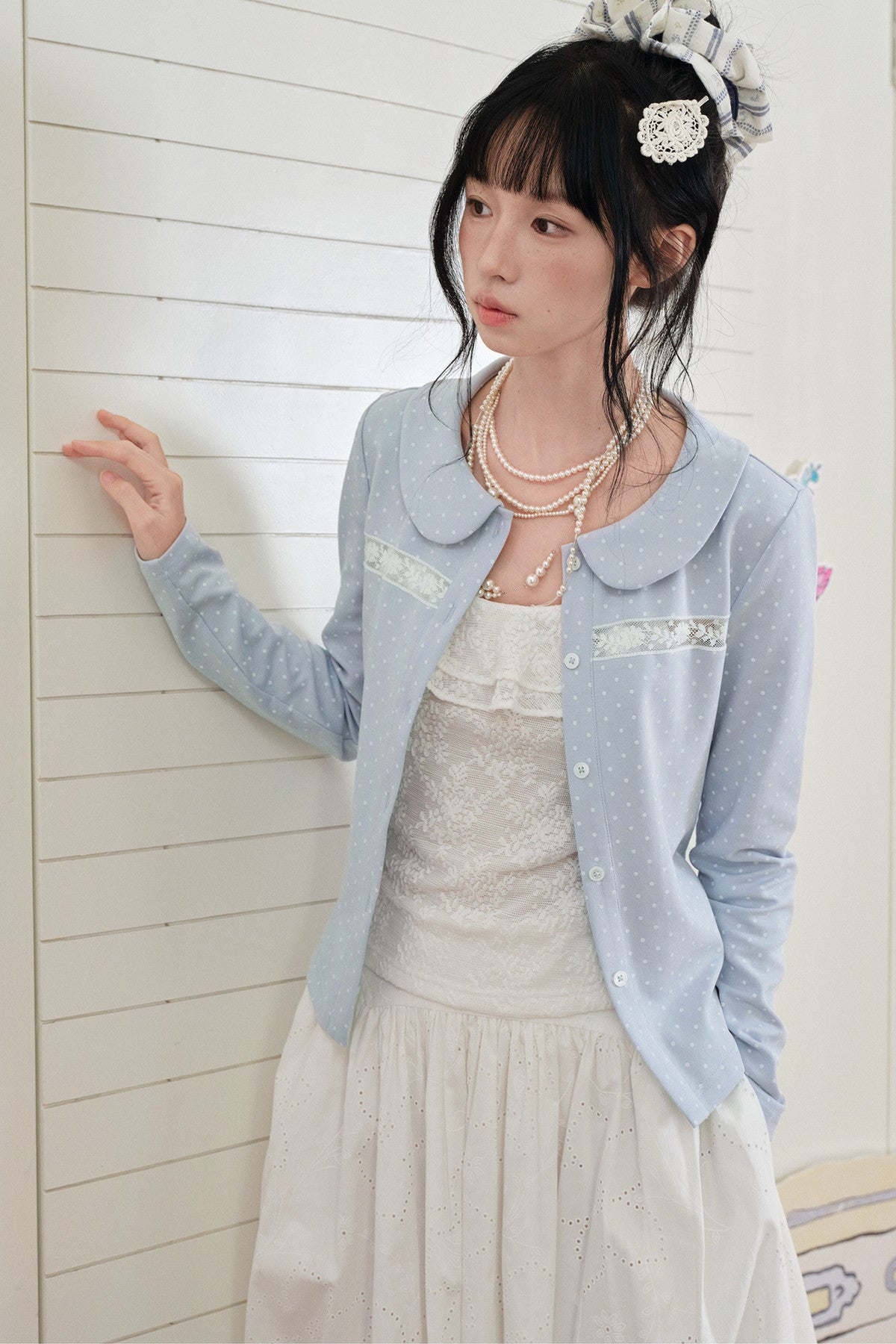 Blue Polka Dot Lace Trim Cardigan Set-Up