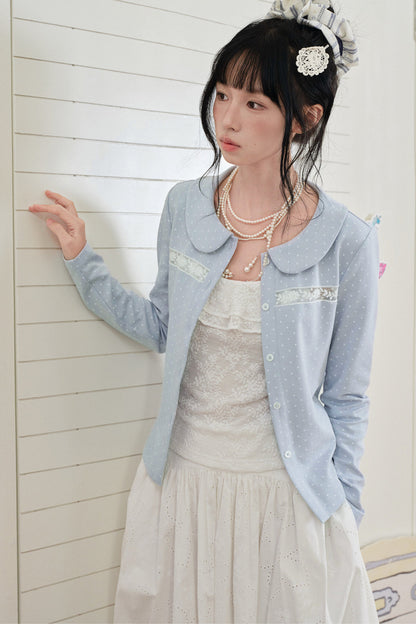 Blue Polka Dot Lace Trim Cardigan Set-Up