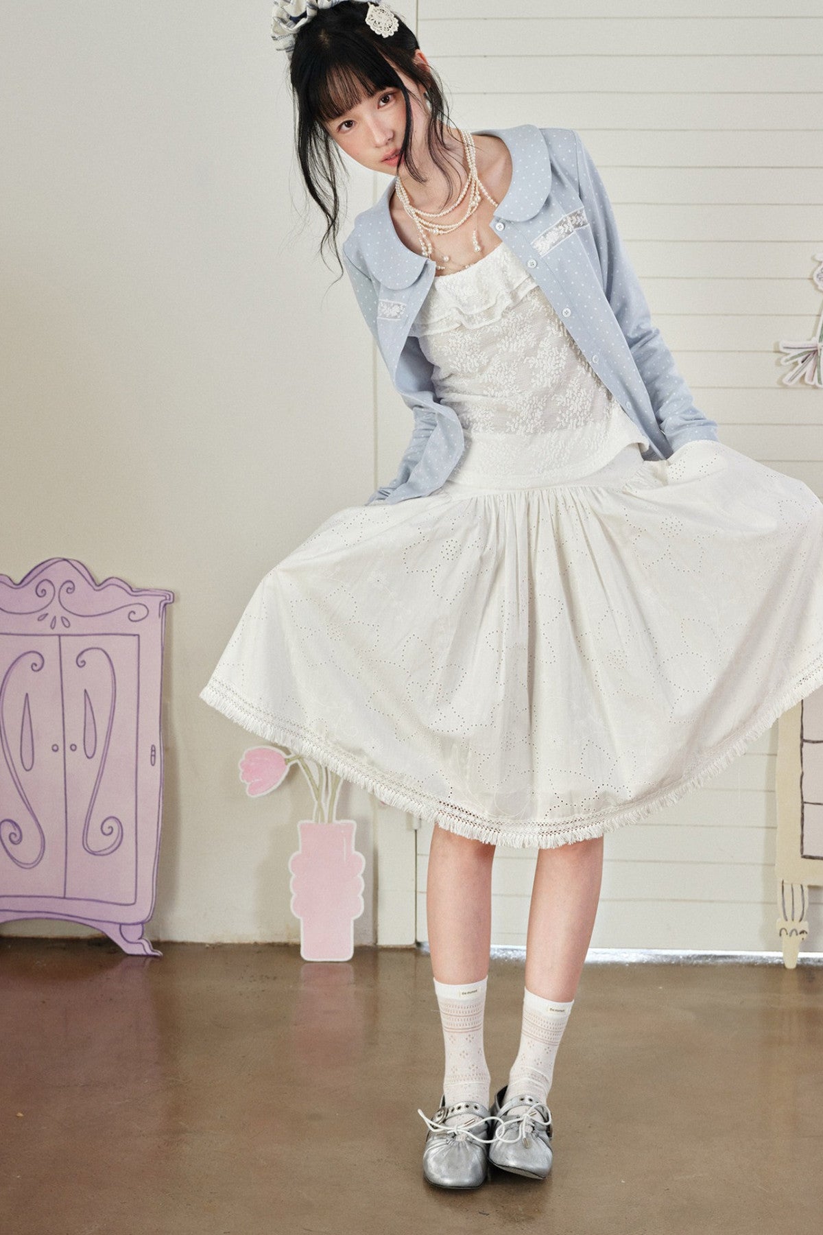 Blue Polka Dot Lace Trim Cardigan Set-Up