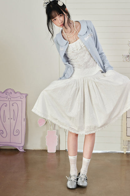 Blue Polka Dot Lace Trim Cardigan Set-Up