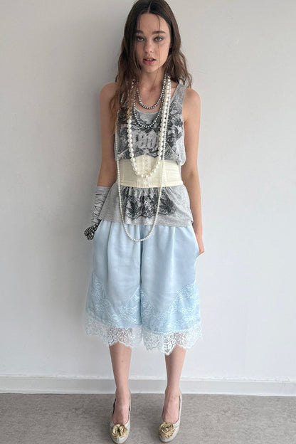 Satin Elastic Waist Lace Splicing Shorts