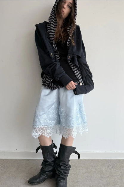 Satin Elastic Waist Lace Splicing Shorts