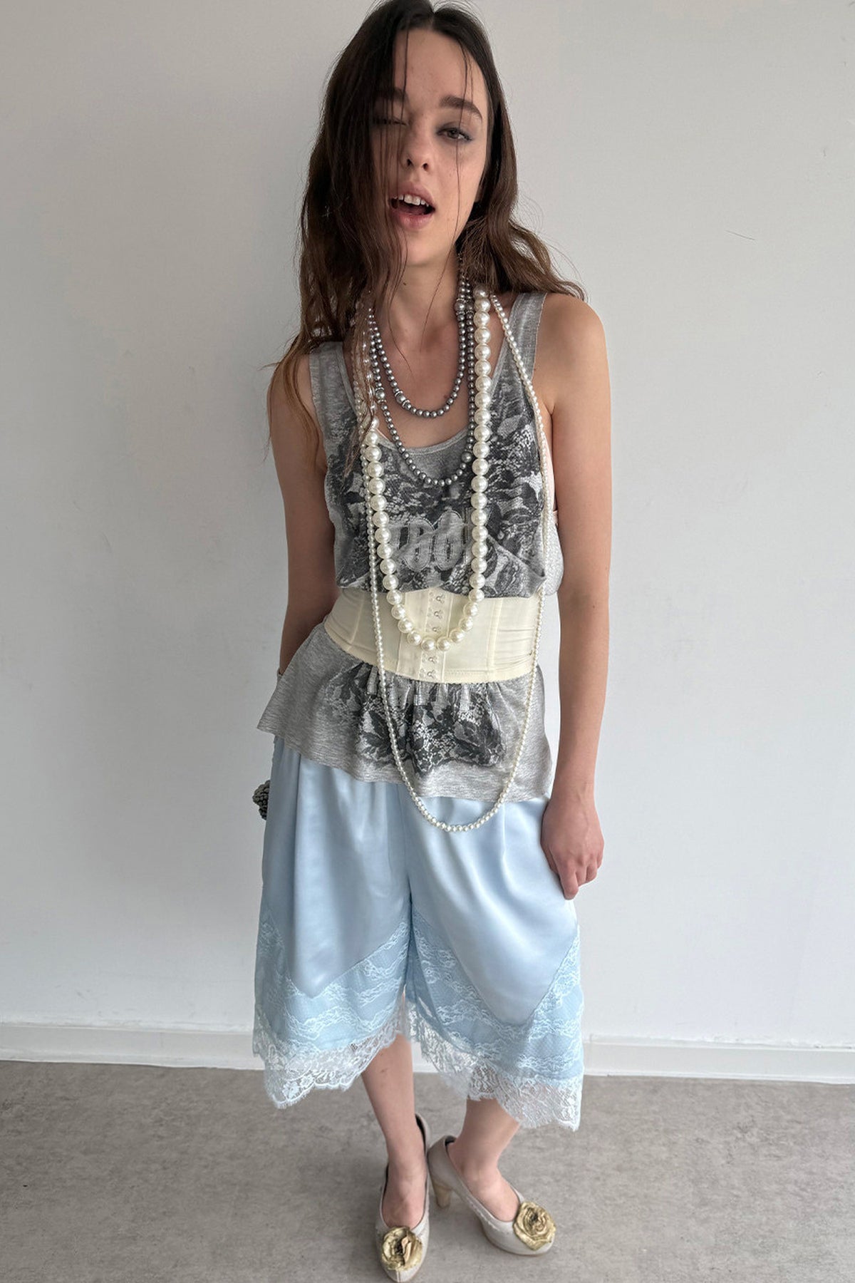 Satin Elastic Waist Lace Splicing Shorts