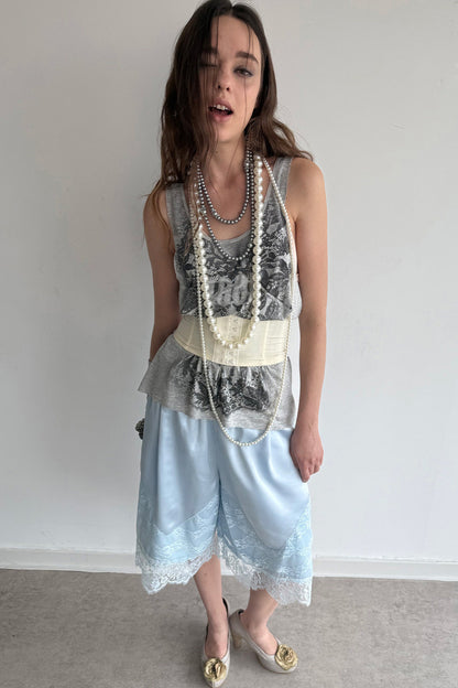 Satin Elastic Waist Lace Splicing Shorts